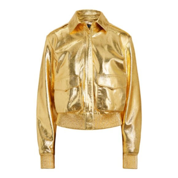 Ralph Lauren Gold Metallic Genuine Leather Bomber Jacket Women's Size P-Large - Picture 11 of 11